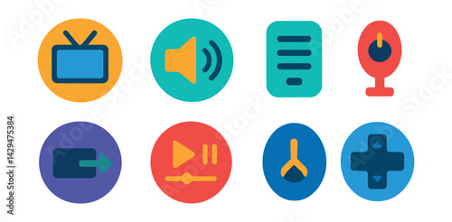 Flat vector icons of remote control apps: TV icon, volume up, channel list, power button, source select, playback bar, device toggle, control pad.