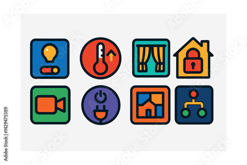 Flat vector icons of smart home controller apps: light switch, thermostat, curtain control, home lock, camera feed, appliance toggle, room overview, automation rule.