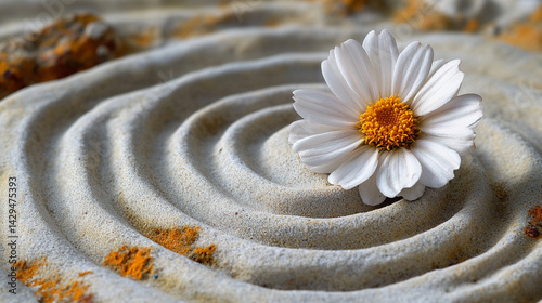 Obraz na płótnie A delicate white flower rests on smooth neutral sand marked by a gentle circular pattern symbolizing peace balance renewal and the harmony between nature and mindfulness in a calm setting
w salonie