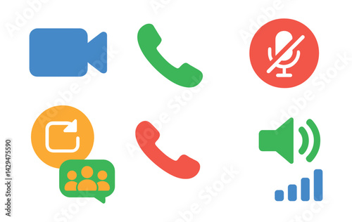 Flat vector icons of video calling apps: camera icon, call button, mute mic, switch camera, group call, end call, speaker toggle, network signal.