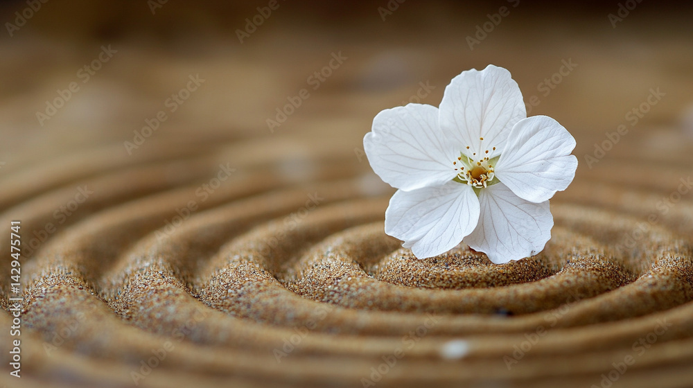 A delicate white flower rests on smooth neutral sand marked by a gentle circular pattern symbolizing peace balance renewal and the harmony between nature and mindfulness in a calm setting