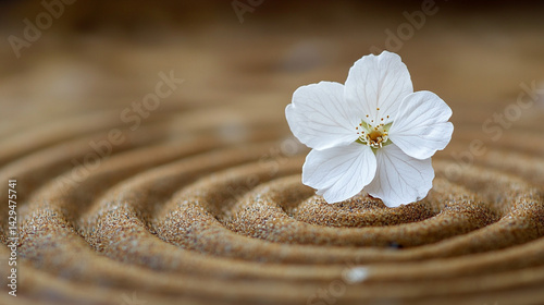 Obraz na płótnie A delicate white flower rests on smooth neutral sand marked by a gentle circular pattern symbolizing peace balance renewal and the harmony between nature and mindfulness in a calm setting
w salonie