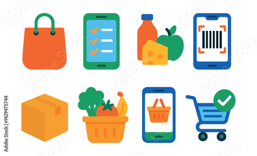 Flat vector icons of grocery delivery apps: shopping bag, grocery list, product icons, barcode scan, delivery box, fresh produce, app basket, cart checkout.