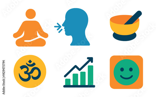 Flat vector icons of meditation apps: lotus pose, breathing guide, calm face, sound bowl, meditation timer, mantra icon, progress chart, mood tracker.