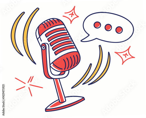 Retro microphone with speech bubble illustrating podcasting style  