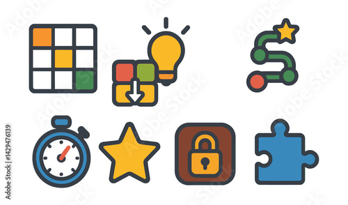 Flat vector icons of puzzle game apps: puzzle grid, match-three icons, hint lightbulb, level map, timer, star score, locked stage, puzzle piece.