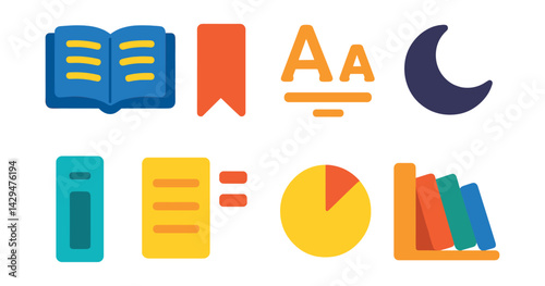 Flat vector icons of ebook reader apps: open book, bookmark icon, font size adjust, night mode, scroll bar, chapter menu, reading progress, library shelf.