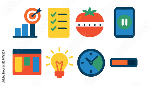 Flat vector icons of productivity apps: goal chart, to-do list, pomodoro timer, focus mode, project board, motivation icon, time tracker, progress bar.