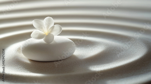 A delicate white flower rests on smooth neutral sand marked by a gentle circular pattern symbolizing peace balance renewal and the harmony between nature and mindfulness in a calm setting

