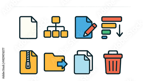 Flat vector icons of file manager apps: file icon, folder tree, rename file, sort by, zip file, move folder, copy file, delete bin.