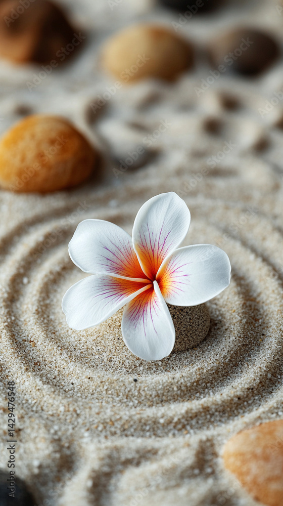 A delicate white flower rests on smooth neutral sand marked by a gentle circular pattern symbolizing peace balance renewal and the harmony between nature and mindfulness in a calm setting