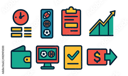 Flat vector icons of sports betting apps: live odds, sports list, bet slip, win graph, wallet icon, game results, ticket confirmation, cash out.