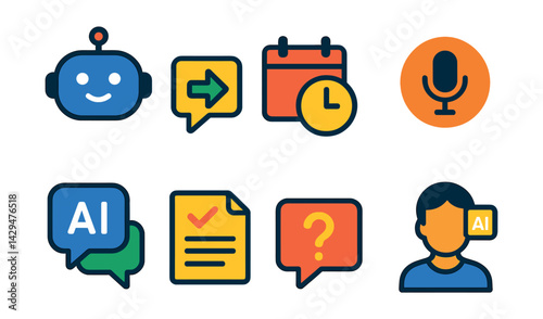 Flat vector icons of AI assistant apps: chatbot icon, smart reply, scheduling AI, voice assistant, AI conversation, task summary, question answer, AI avatar.