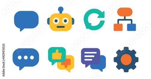 Flat vector icons of chatbot apps: message bubble, robot face, auto-reply, conversation tree, typing dots, feedback icons, chat history, settings gear.