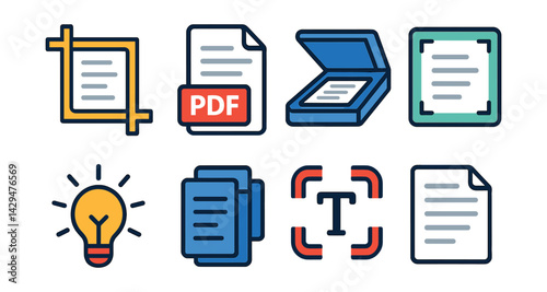 Flat vector icons of document scanner apps: page crop, PDF output, scan icon, batch scan, edge detection, auto lighting, document stack, text OCR.