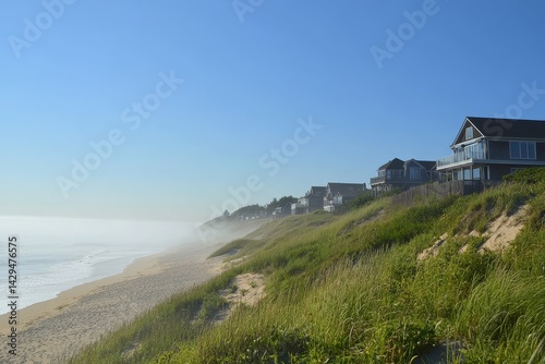 The coast of New Hampshire is lined with hoday homes on a foggy beach in autumn