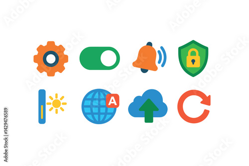 Flat vector icons of settings apps: gear icon, toggle switch, notification sound, app permissions, brightness bar, language option, backup icon, reset button.