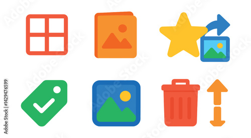Flat vector icons of gallery apps: photo grid, album icon, favorite star, share photo, filter tag, photo viewer, delete bin, sort option.