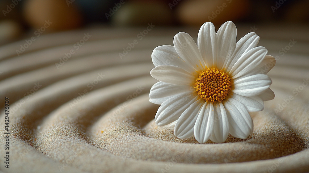 A delicate white flower rests on smooth neutral sand marked by a gentle circular pattern symbolizing peace balance renewal and the harmony between nature and mindfulness in a calm setting