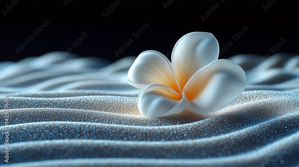 A delicate white flower rests on smooth neutral sand marked by a gentle circular pattern symbolizing peace balance renewal and the harmony between nature and mindfulness in a calm setting