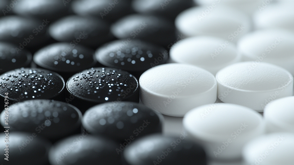 White and black pills on a neutral surface symbolize the inner conflict between truth and illusion belief and reality right and wrong with a blurred caption space inviting personal interpretation