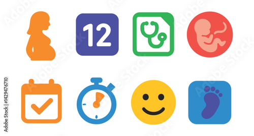 Flat vector icons of pregnancy tracking apps: baby bump, week counter, doctor note, fetal size, calendar mark, contraction timer, mood log, kick tracker.