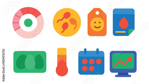 Flat vector icons of period tracker apps: cycle wheel, ovulation icon, mood tag, log symptom, fertile days, flow level, tracker calendar, health graph.