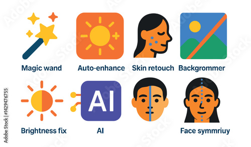 Flat vector icons of AI photo enhancer apps: magic wand, auto enhance, skin retouch, background remover, face symmetry, before/after view, brightness fix, AI icon.