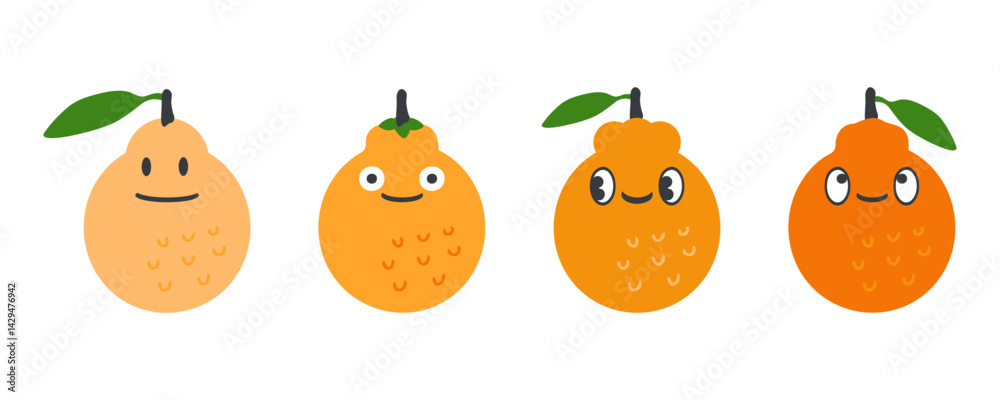 Fototapeta premium Hallabong korean citrus tangerine fruit characters vector set. Perfect for stickers, poster, label, sale, card. Hand drawn illustration isolated on a white background.