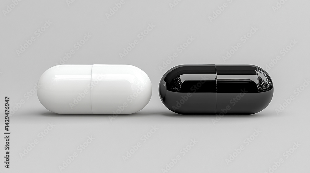 White and black pills on a neutral surface symbolize the inner conflict between truth and illusion belief and reality right and wrong with a blurred caption space inviting personal interpretation