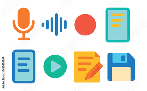 Flat vector icons of voice-to-text apps: mic icon, waveform, recording button, real-time text, transcript viewer, playback option, edit transcript, save icon.