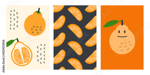 Jeju hallabong orange singapore korea fruits vector posters set. Perfect background template for banner, card, label, sale. Hand drawn illustration.