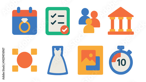 Flat vector icons of wedding planner apps: calendar ring, checklist, guest list, venue icon, table layout, dress preview, photo moodboard, countdown timer.