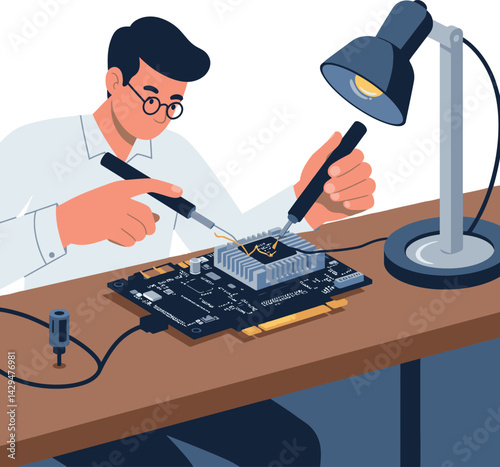 Man repairing electronic circuit board with soldering tools at workbench vector illustration 