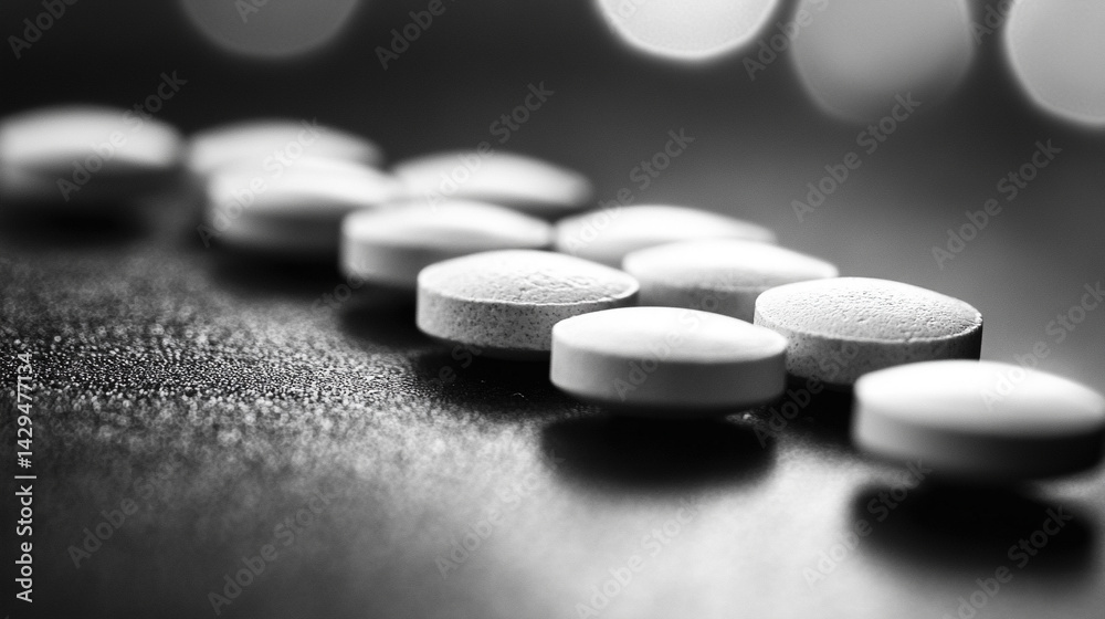 White and black pills on a neutral surface symbolize the inner conflict between truth and illusion belief and reality right and wrong with a blurred caption space inviting personal interpretation