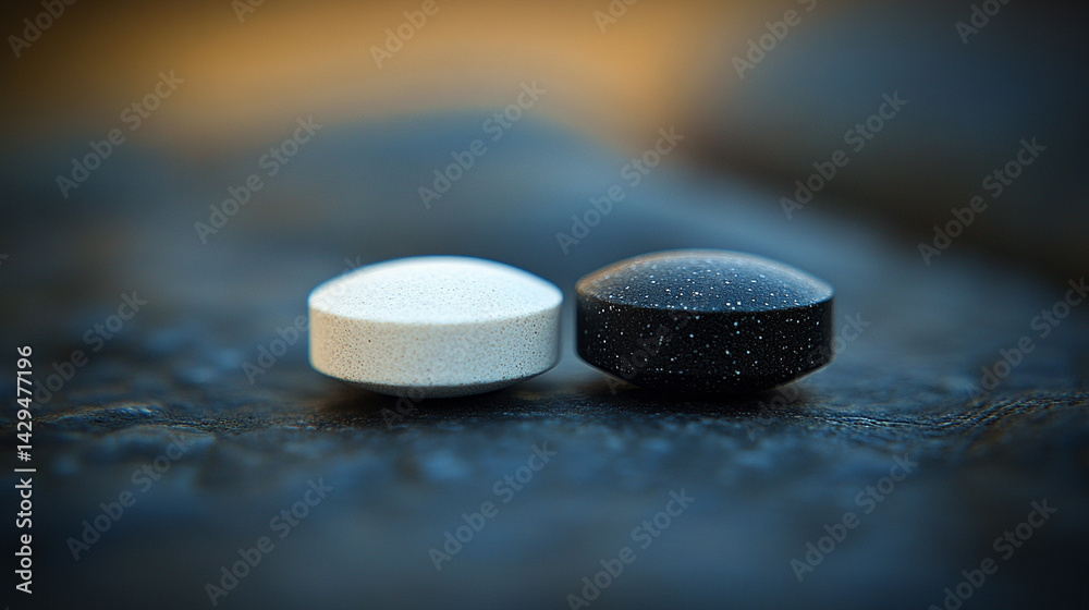 White and black pills on a neutral surface symbolize the inner conflict between truth and illusion belief and reality right and wrong with a blurred caption space inviting personal interpretation