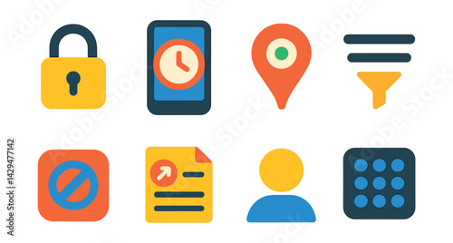 Flat vector icons of parental control tools: lock icon, screen time, GPS tracker, filter settings, app blocker, activity log, child profile, PIN pad.