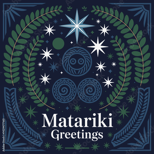 Matariki Greetings Card with Stars and Maori Patterns