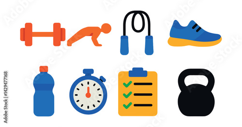 Flat vector icons of fitness workouts: dumbbell, push-up icon, jump rope, gym shoe, water bottle, stopwatch, training plan, kettlebell.