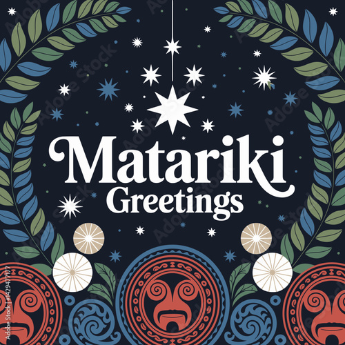 Matariki Greetings Card with Stars and Maori Patterns