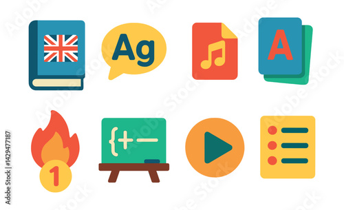 Flat vector icons of language learning: book with flag, speech bubble, audio file, flashcards, daily streak, grammar rules, voice play, word list.
