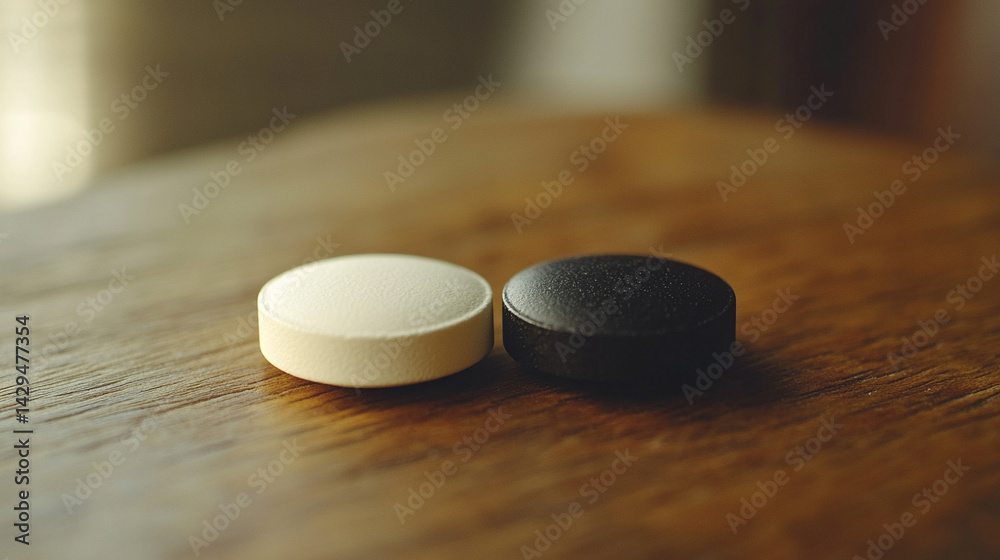 White and black pills on a neutral surface symbolize the inner conflict between truth and illusion belief and reality right and wrong with a blurred caption space inviting personal interpretation