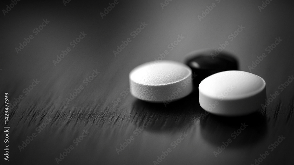 White and black pills on a neutral surface symbolize the inner conflict between truth and illusion belief and reality right and wrong with a blurred caption space inviting personal interpretation