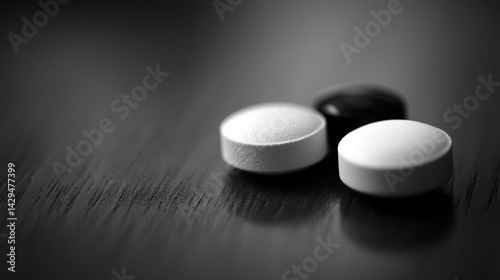 Obraz na płótnie White and black pills on a neutral surface symbolize the inner conflict between truth and illusion belief and reality right and wrong with a blurred caption space inviting personal interpretation
w salonie