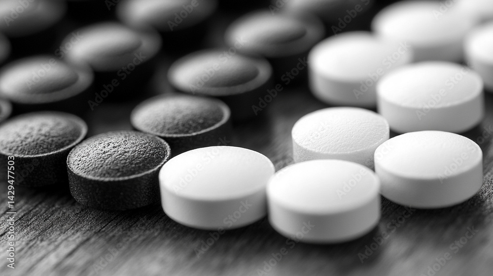 White and black pills on a neutral surface symbolize the inner conflict between truth and illusion belief and reality right and wrong with a blurred caption space inviting personal interpretation