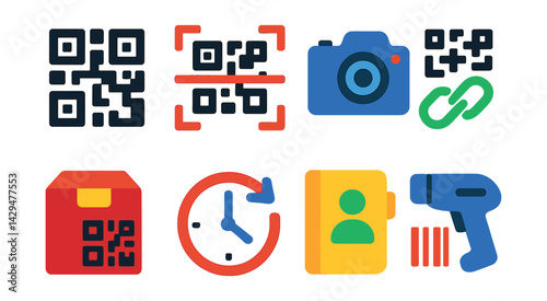 Flat vector icons of QR scanners: QR code icon, scanning frame, camera view, link result, product scan, history log, add contact, barcode reader.