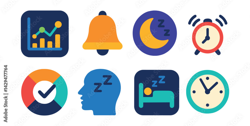 Fototapeta premium Flat vector icons of sleep tracker apps: sleep chart, bedtime bell, moon icon, alarm ring, sleep quality, snoring icon, deep sleep icon, wake-up time.