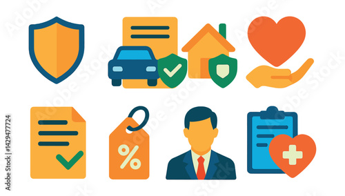 Flat vector icons of insurance services: insurance shield, car policy, home coverage, life protection, claim form, premium tag, agent icon, health plan.