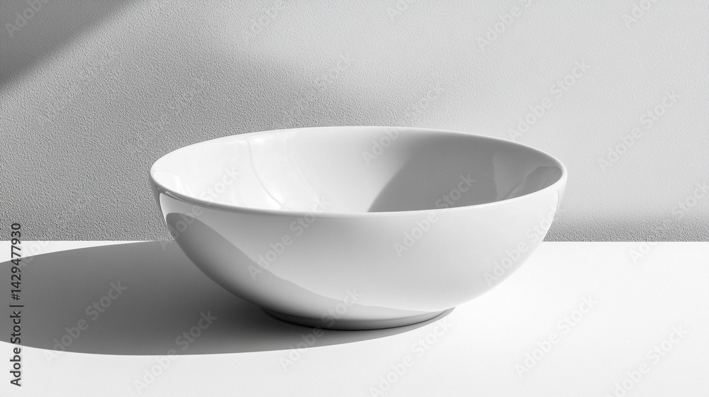 White shiny porcelain bowl placed on a clean white surface symbolizes purity simplicity and modern minimalism perfect for product mockups culinary branding or lifestyle presentation