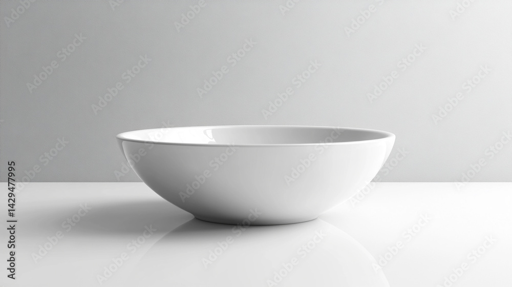 White shiny porcelain bowl placed on a clean white surface symbolizes purity simplicity and modern minimalism perfect for product mockups culinary branding or lifestyle presentation